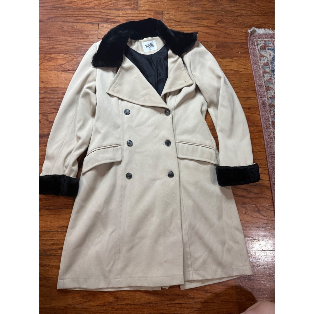 Wallis‎ Womens Double Breasted Faux Fur Trim Trench Coat Beige Black Size 12